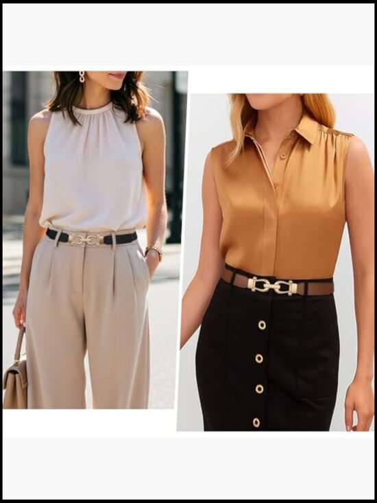 Women Skinny Elastic Stretch Waist Belt with Gold Buckle